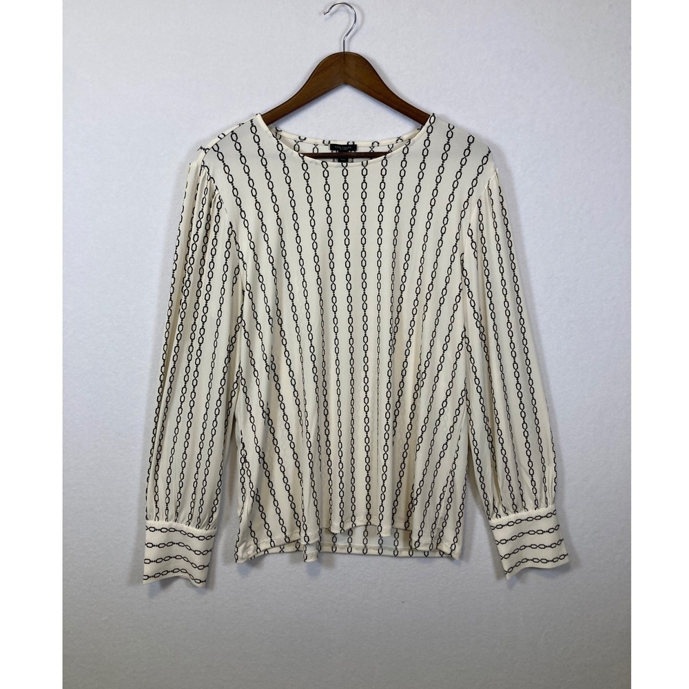 Ann Taylor Factory Cream Black Chain Print Long Sleeve Blouse Top Womens XL